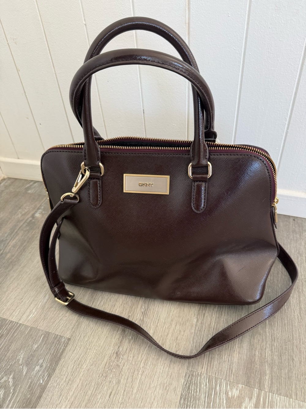 DKNY Chocolate Brown Saffiano Leather Satchel with Detachable Strap